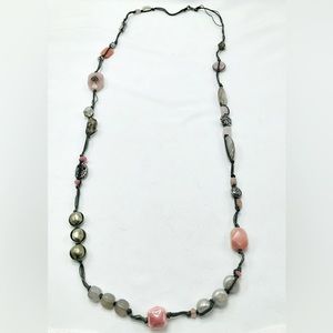 Vintage Silpada Bohemian Versatile Long Pink & Gray Beaded Necklace on Gray Cord